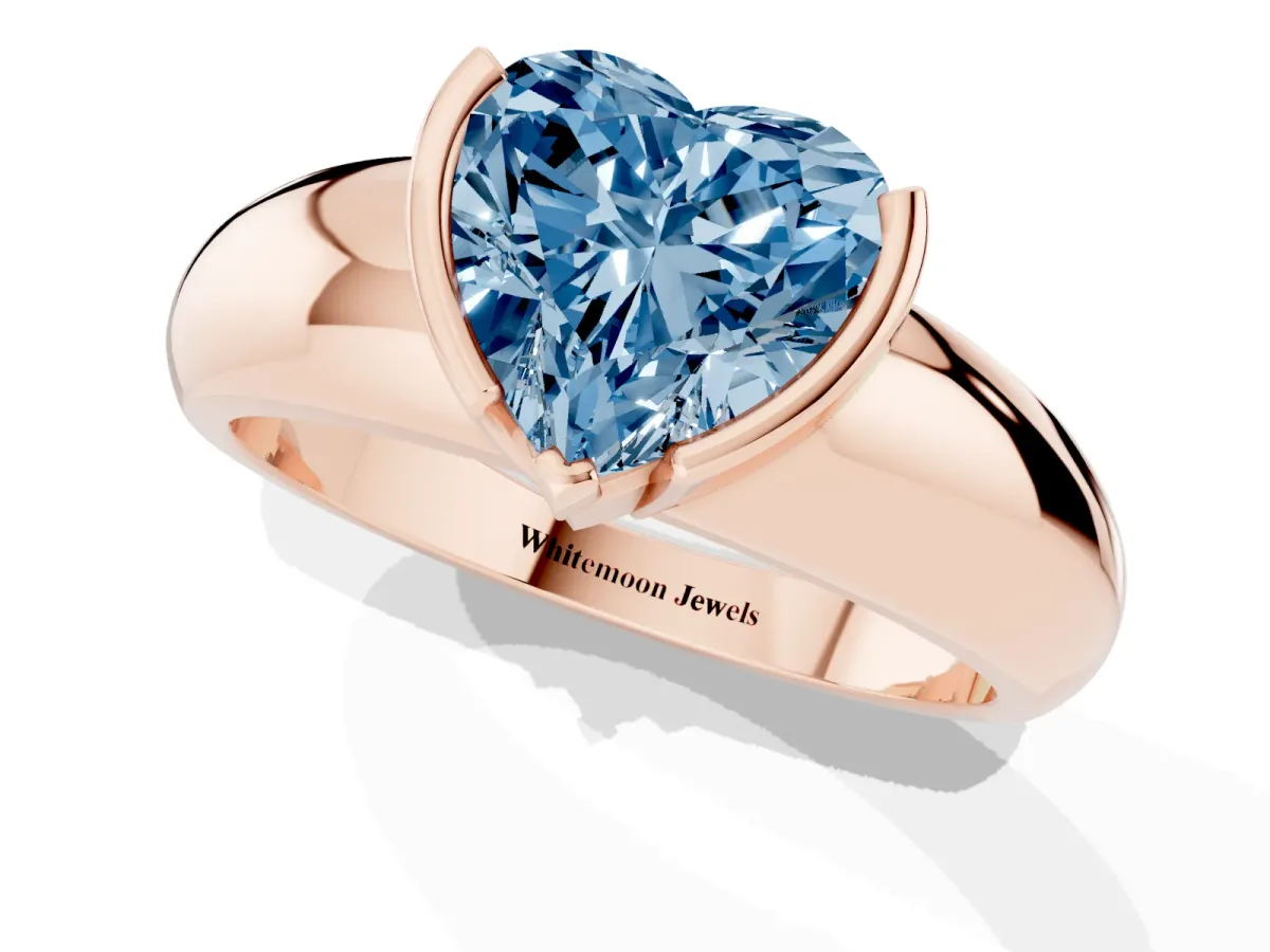 Fancy Blue Heart Cut Solitaire Tension Set Diamond Ring with Wide Band Rose gold