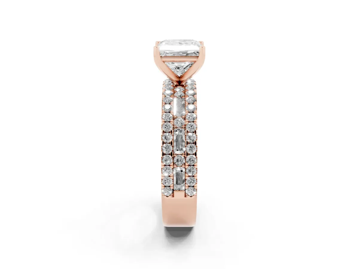 Princess Cut Diamond Solitaire Ring with Pavé and Channel Set Band Rose gold