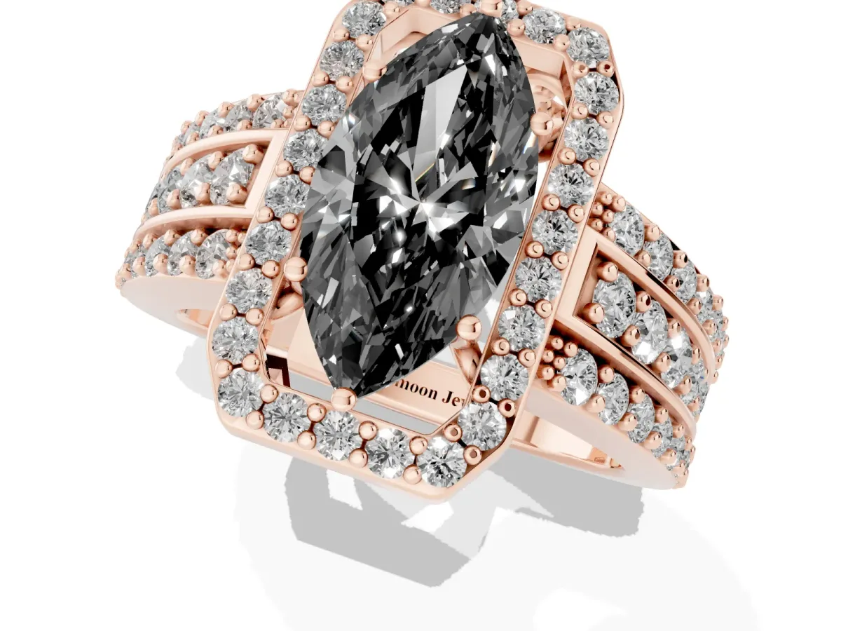 Fancy Black Marquise Cut Halo Diamond Ring with Round Split Shank and Prong Setting Rose gold