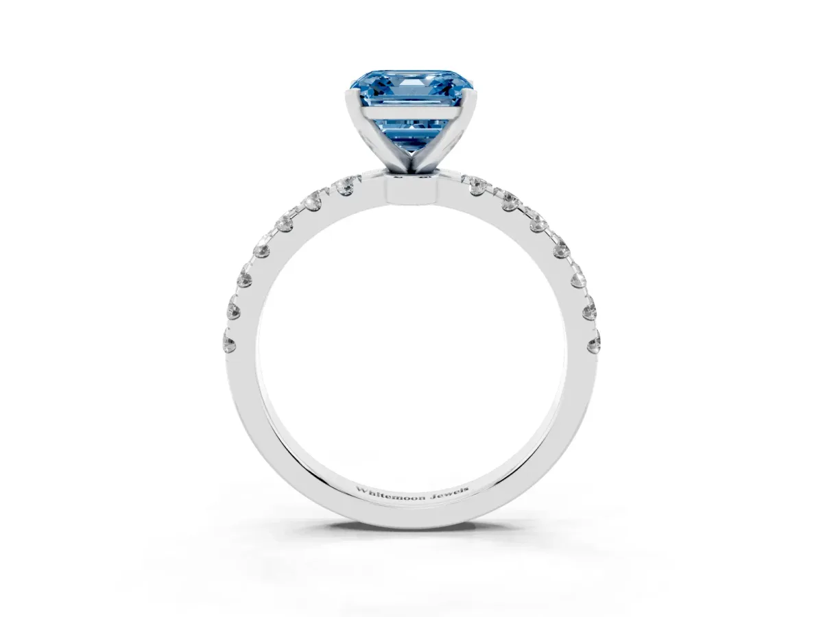 Fancy Blue Asscher Cut Diamond Solitaire Ring with Pavé Accents and Four-Prong Setting Platinum