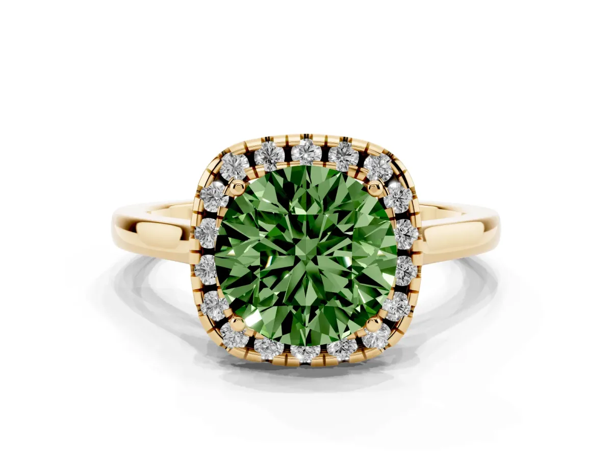 Fancy Green Round Cut Halo Round Diamond Solitaire Ring with Pavé Band and Four-Prong Setting Yellow gold
