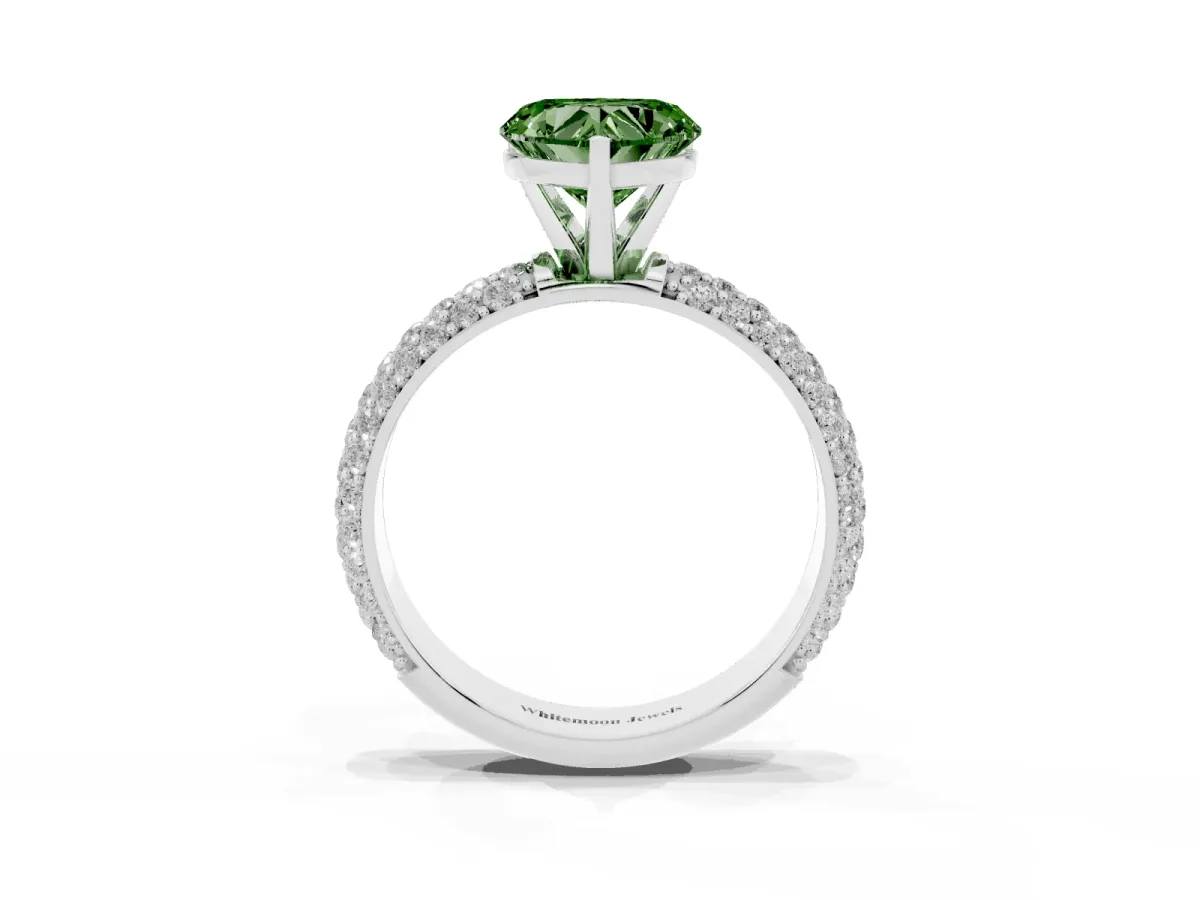 Fancy Green Heart Cut Diamond Solitaire Ring with Prong Setting and Pavé Band Silver