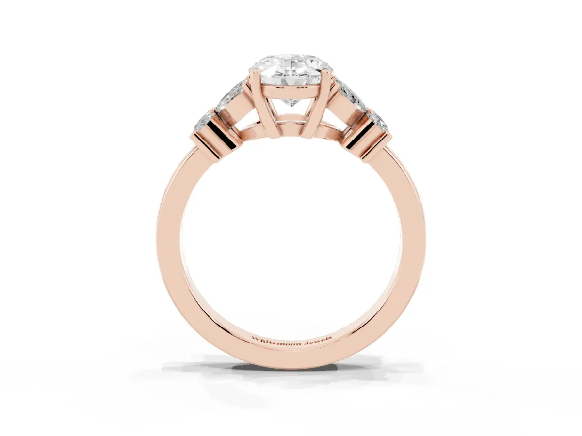 Oval Cut Diamond Floral Cluster Ring with Solitaire Band and Prong Setting Rose gold