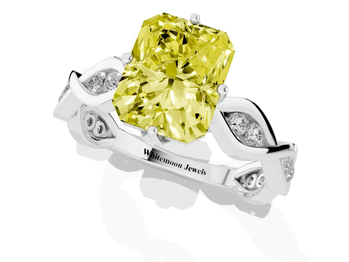 Fancy Yellow Radiant Cut Solitaire Twist Band with Leaf Prong Setting Silver