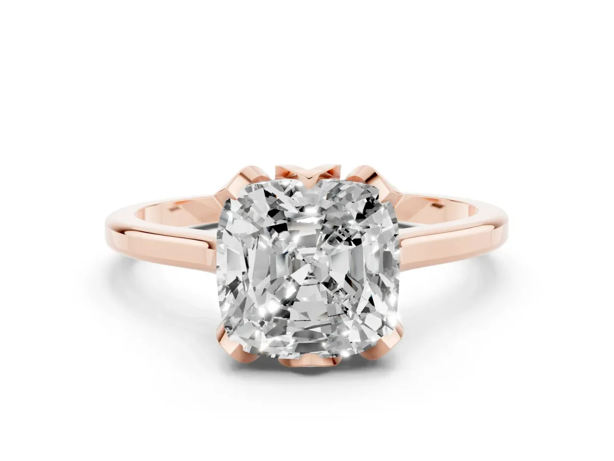 Cushion Cut Diamond Solitaire Ring with Flower Prong Setting and Classic Band Rose gold