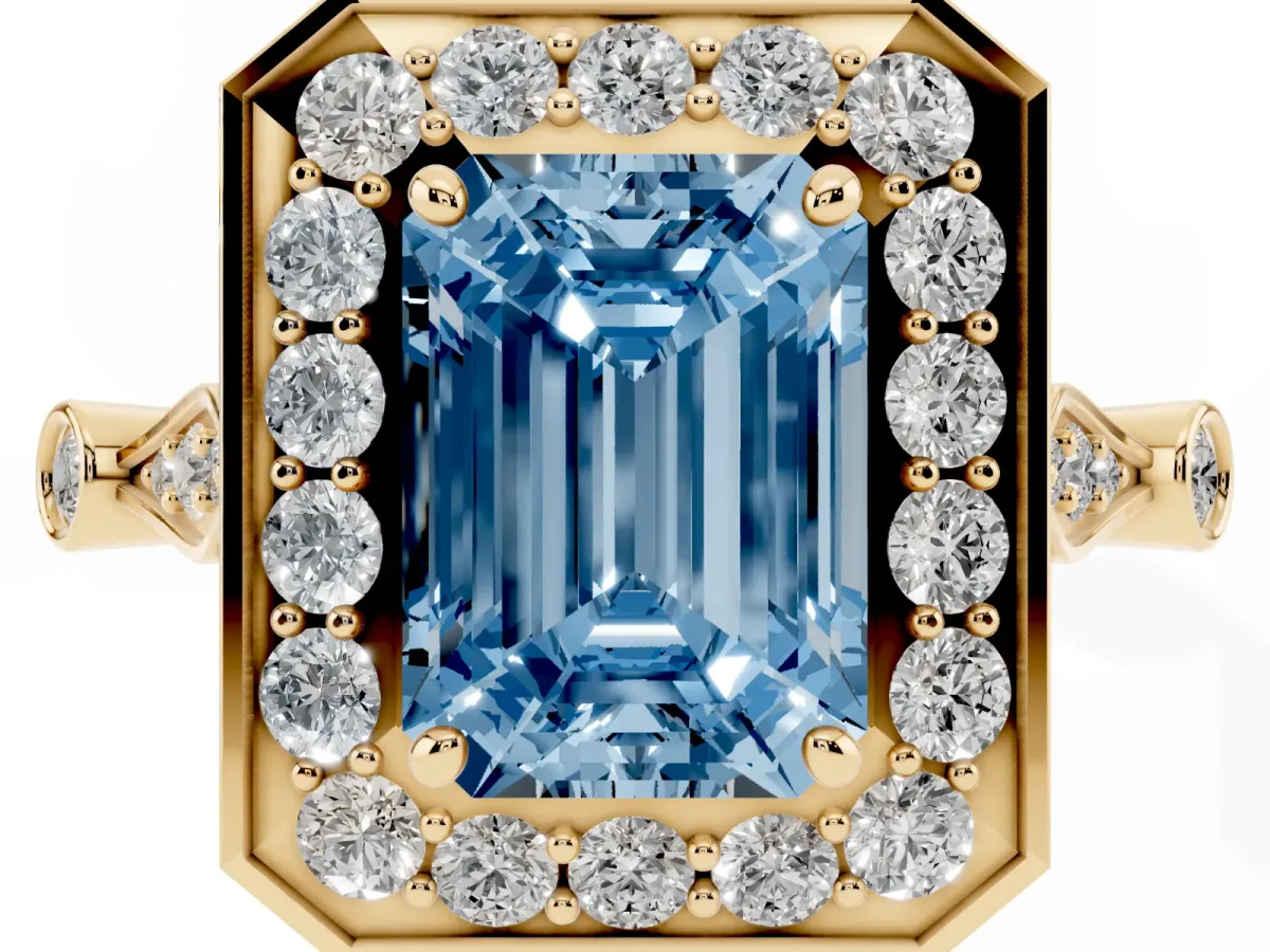 Fancy Blue Emerald Cut Halo Diamond Engagement Ring with Twisted Band and Four-Prong Setting Yellow gold
