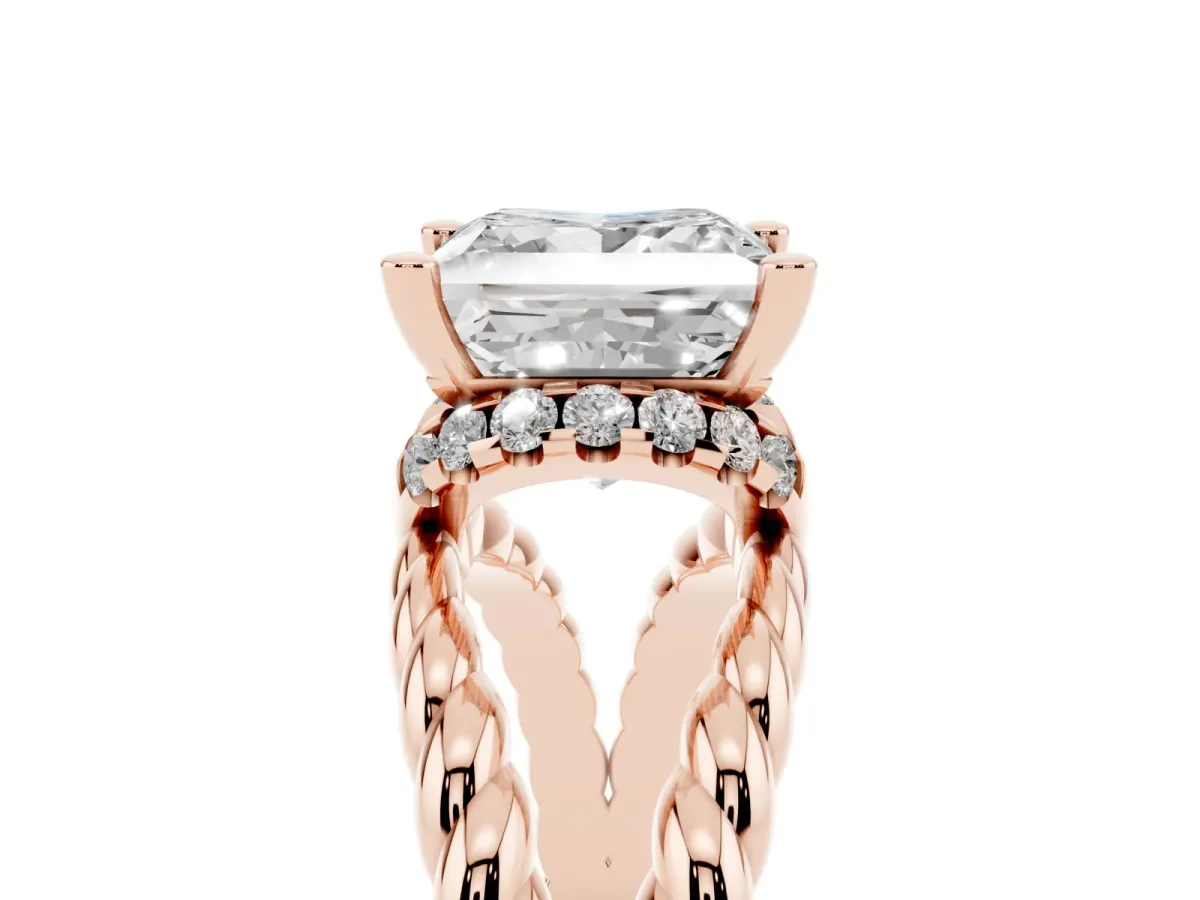 Princess Cut Halo Twisted Band Four-Prong Ring Rose gold
