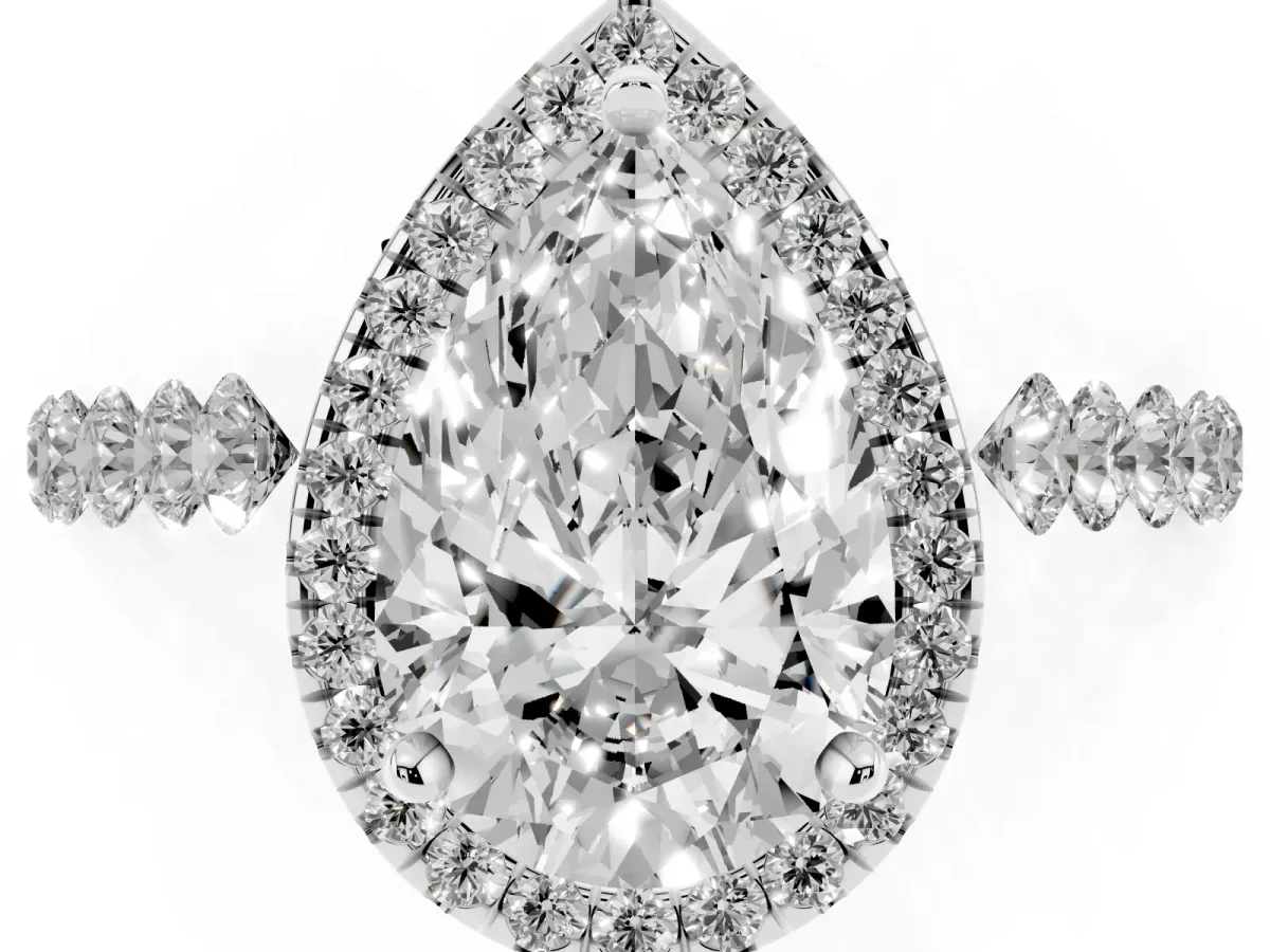 Pear Cut Halo Pavé Diamond Engagement Ring with Four-Prong Setting Silver
