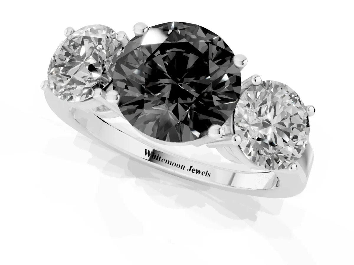 Fancy Black Three-Stone Round Cut Cut Diamond Engagement Ring with Flat Band and Four-Prong Setting Silver