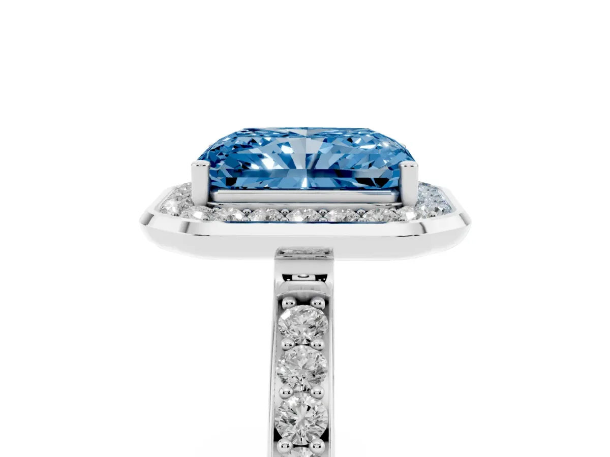 Fancy Blue Radiant Cut Diamond Halo Ring with Bezel Frame and Pavé Band Silver
