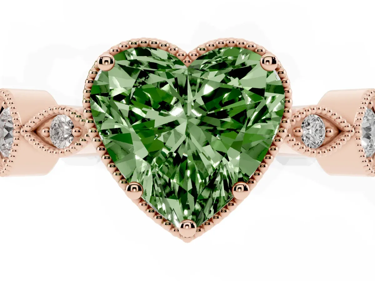 Fancy Green Heart Cut Diamond Vintage Milgrain Ring with Round Stations Rose gold