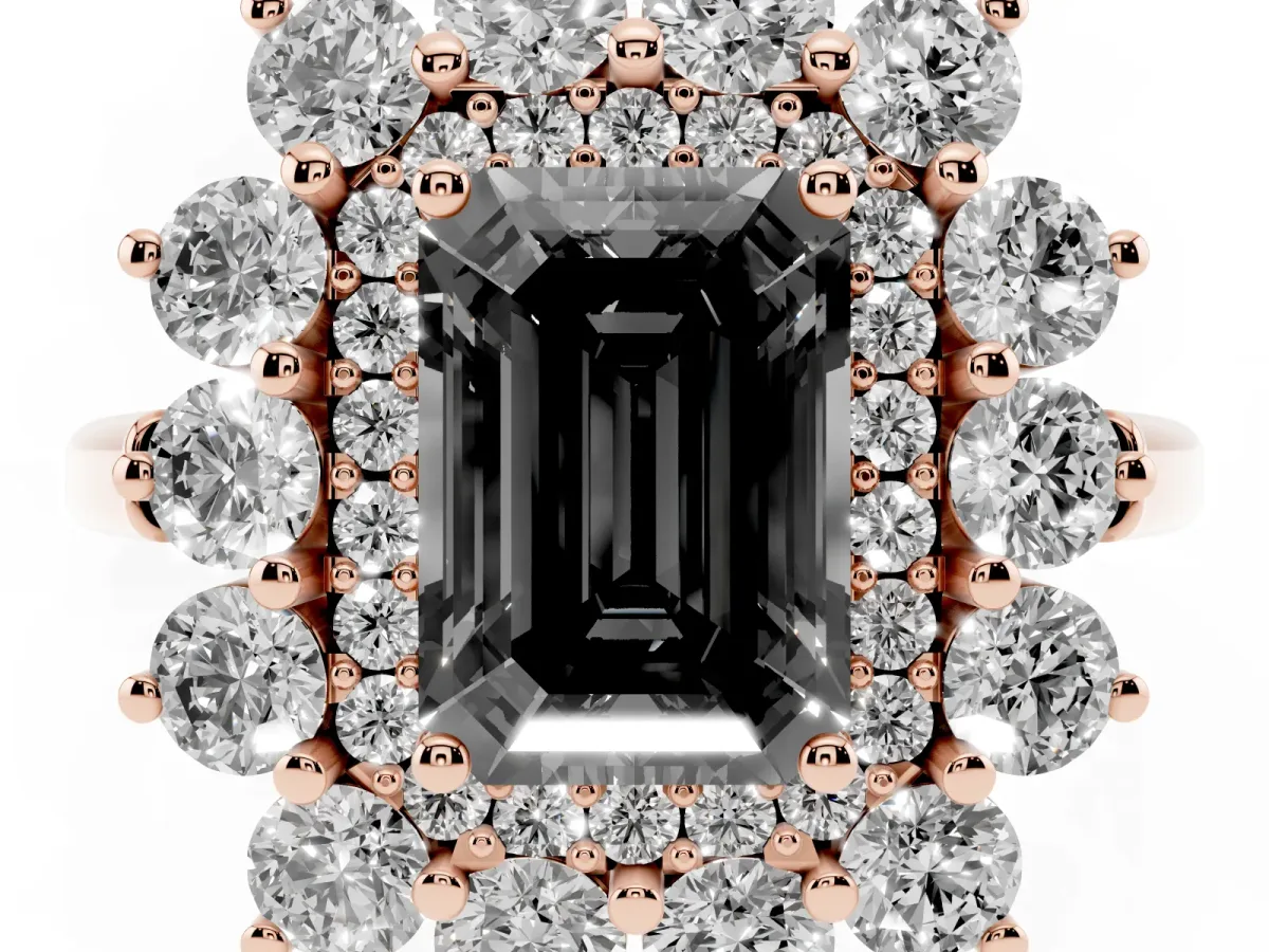 Fancy Black Emerald Cut Diamond Floral Double Halo Engagement Ring with Prong Setting Rose gold
