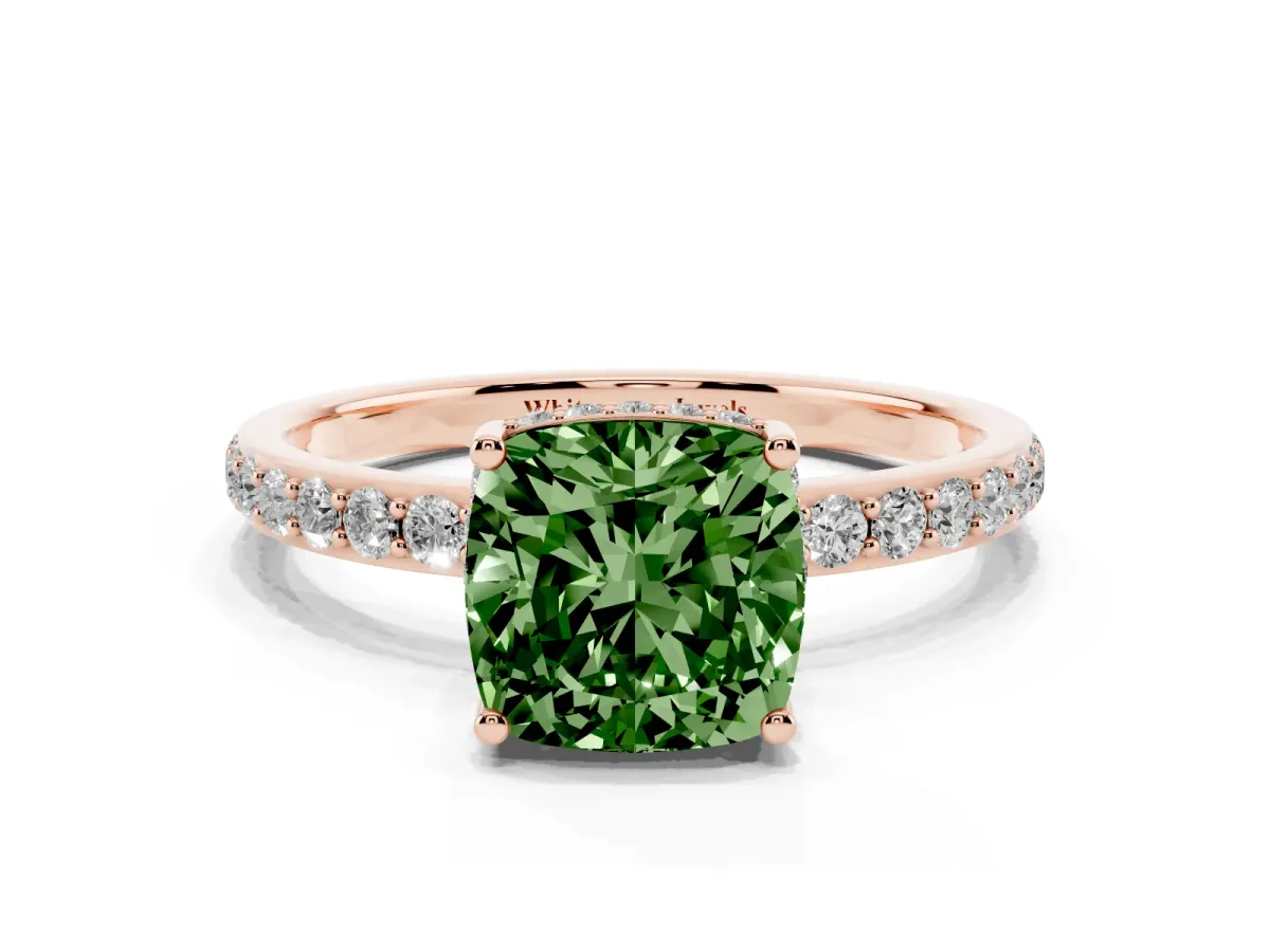 Fancy Green Cushion Cut Diamond Solitaire Ring with Pavé Band and Hidden Halo Rose gold