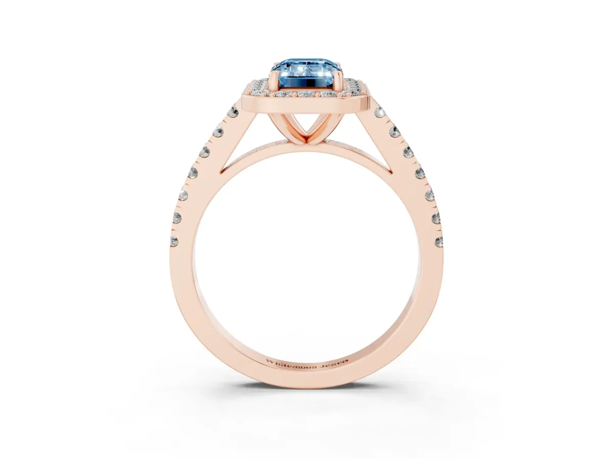 Fancy Blue Emerald Cut Diamond Halo Ring with Round Pavé Split Shank and Prong Setting Rose gold