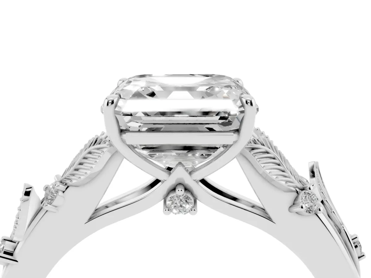 Asscher Cut Diamond Solitaire Ring with Leaf Motif Band and Four-Prong Setting Silver