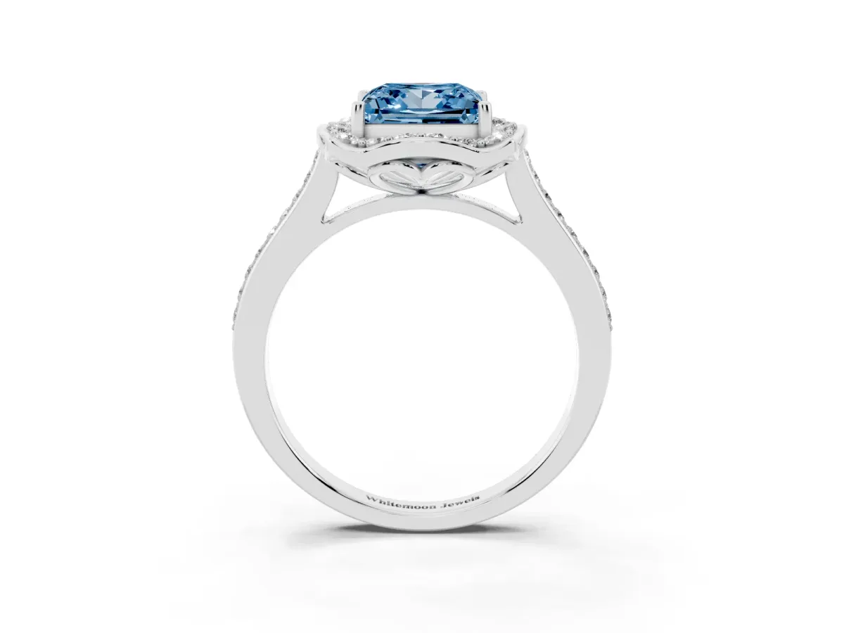 Fancy Blue Princess Cut Halo Round Diamond Pave Band with Four-Prong Setting Silver
