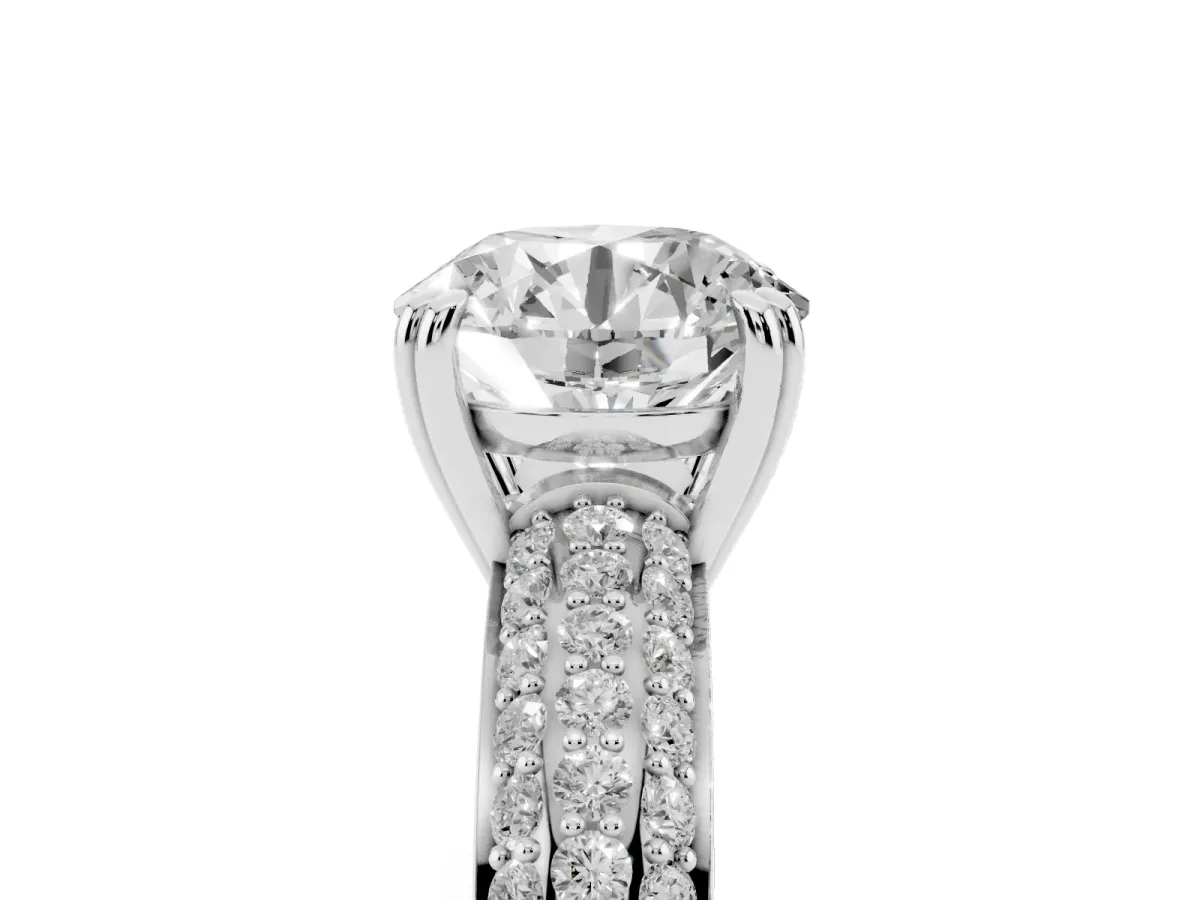 Round Cut Diamond Solitaire Ring with Multi-Row Round Pavé Band and Prong Setting Silver