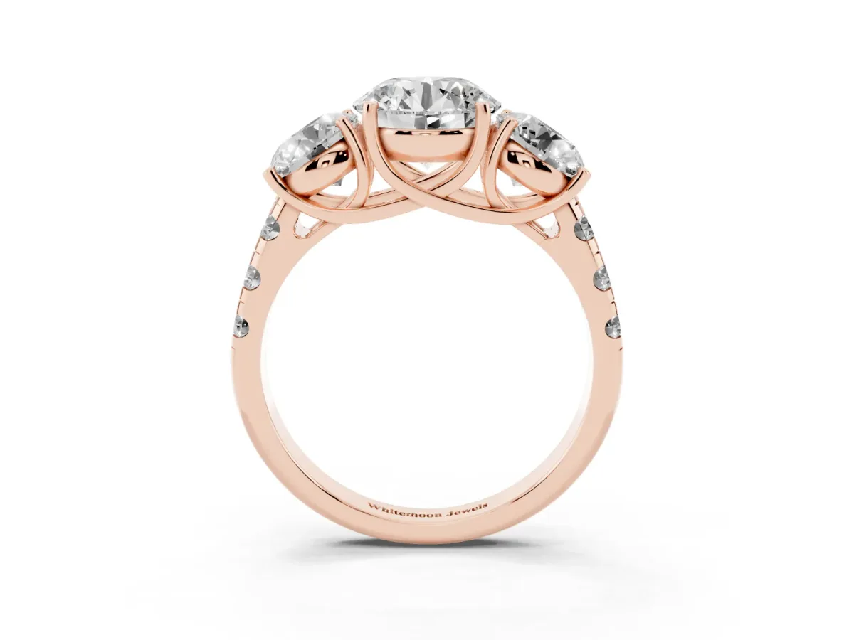 Three-Stone Round Cut Diamond Pavé Band with Prong Setting Rose gold