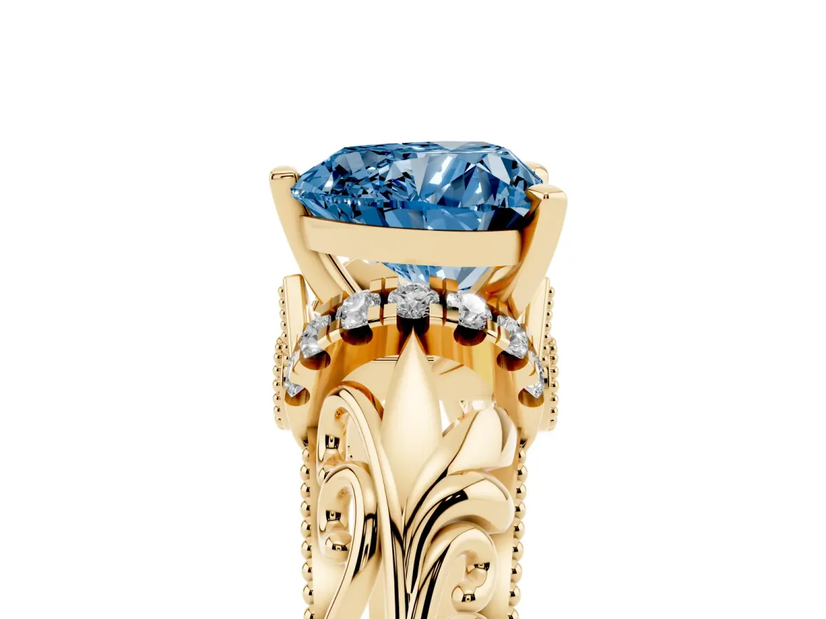 Fancy Blue Heart Cut Solitaire Filigree Engagement Ring with Halo and Prong Setting Yellow gold