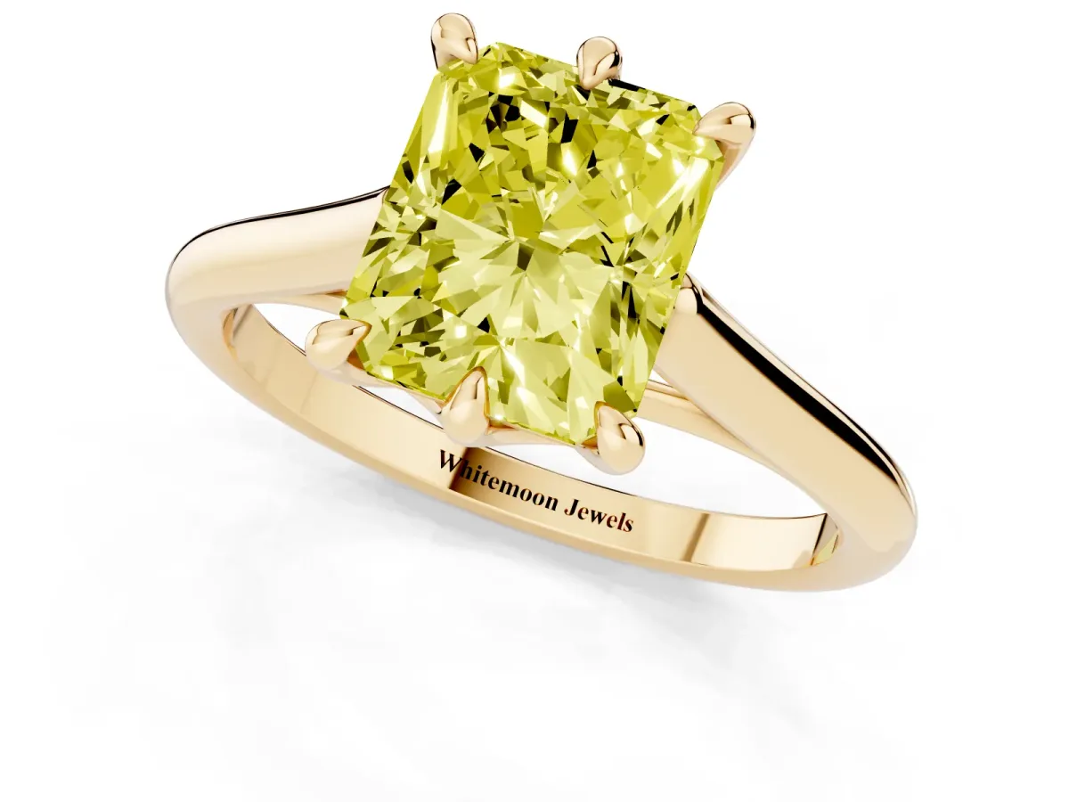 Fancy Yellow Radiant Cut Solitaire Engagement Ring with Six-Prong Setting and Classic Band Yellow gold