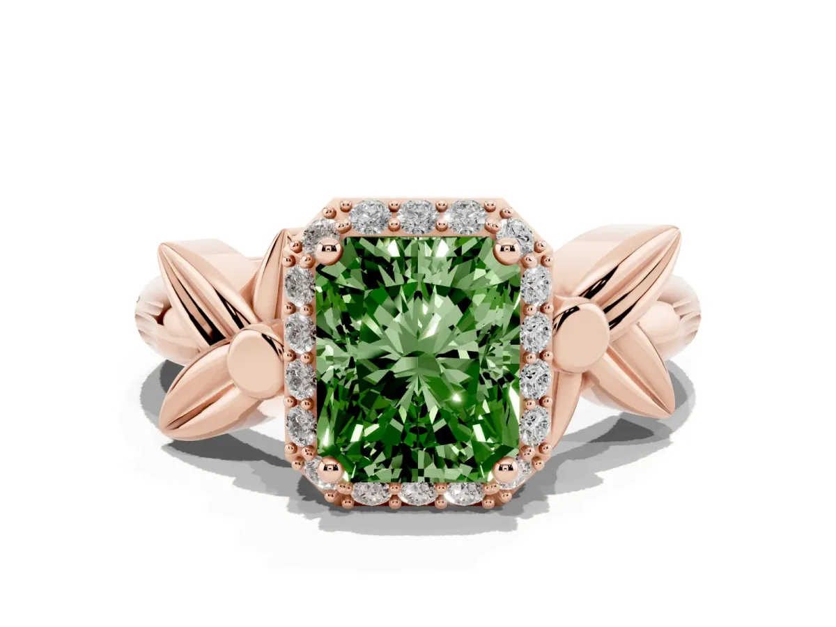 Fancy Green Radiant Cut Halo Diamond Floral Band with Four-Prong Setting Rose gold