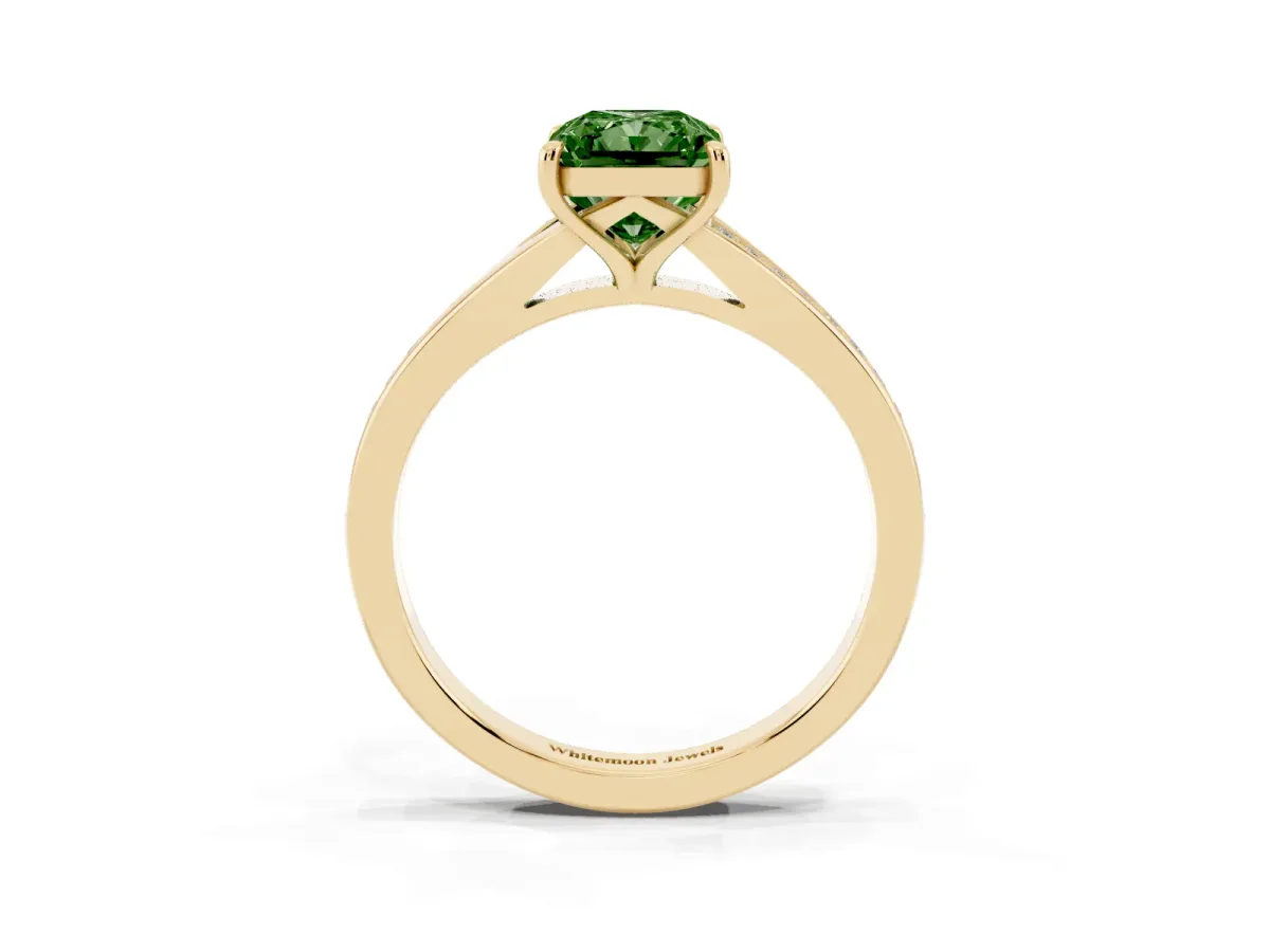 Fancy Green Radiant Cut Diamond Solitaire Ring with Pavé Band and Prong Setting Yellow gold