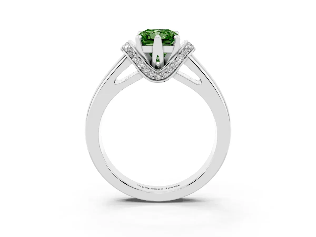 Fancy Green Radiant Cut Solitaire Diamond Ring with Pave Band and Six-Prong Setting White gold