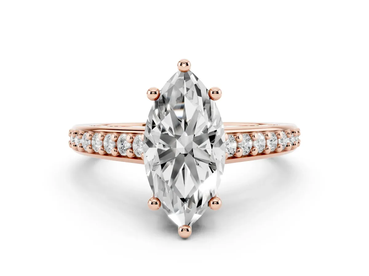 Marquise Cut Solitaire Prong Set Diamond Engagement Ring with Pave Band Rose gold