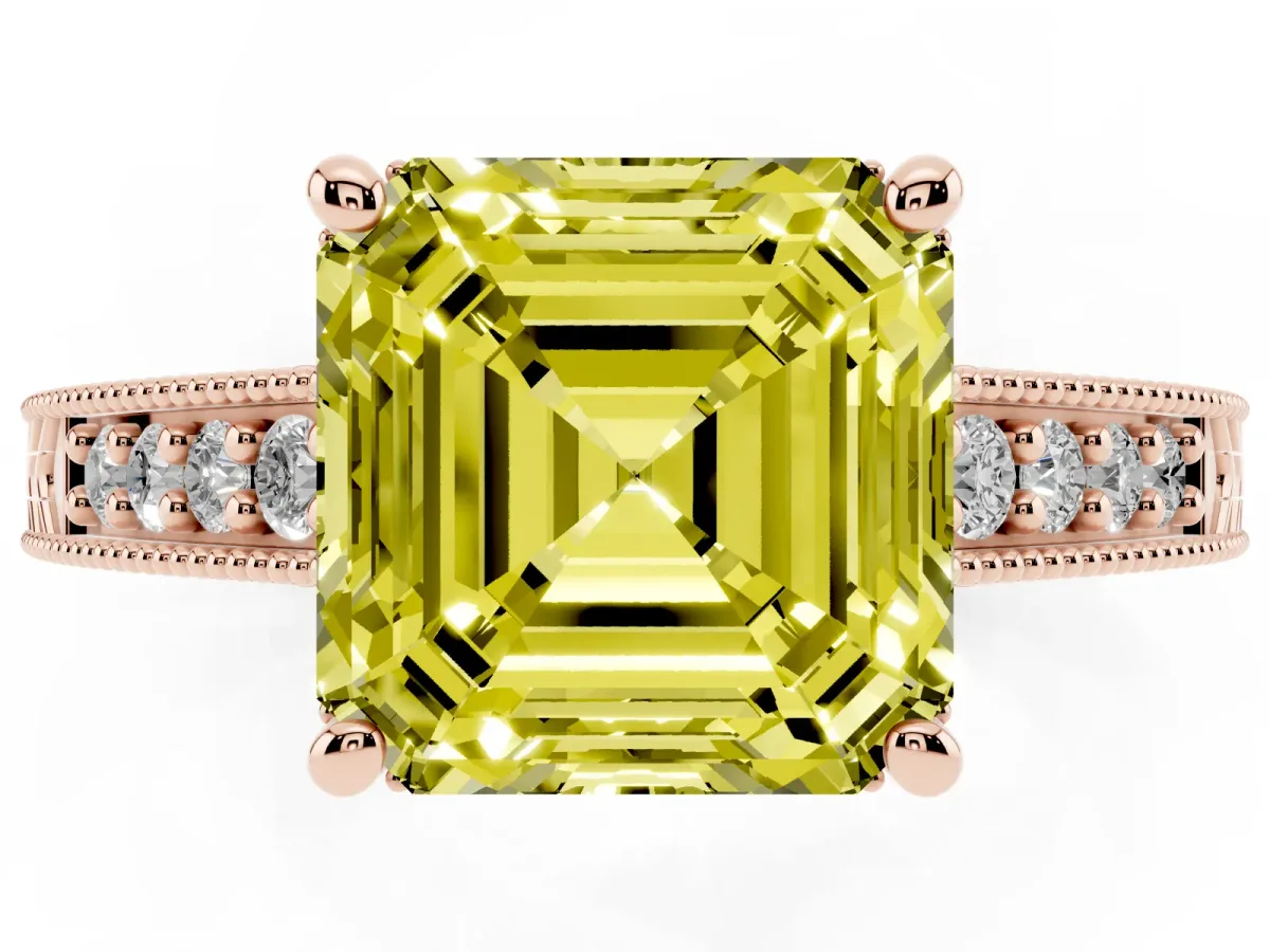 Fancy Yellow Asscher Cut Solitaire Pavé Diamond Milgrain Engagement Ring with Four-Prong Setting Rose gold