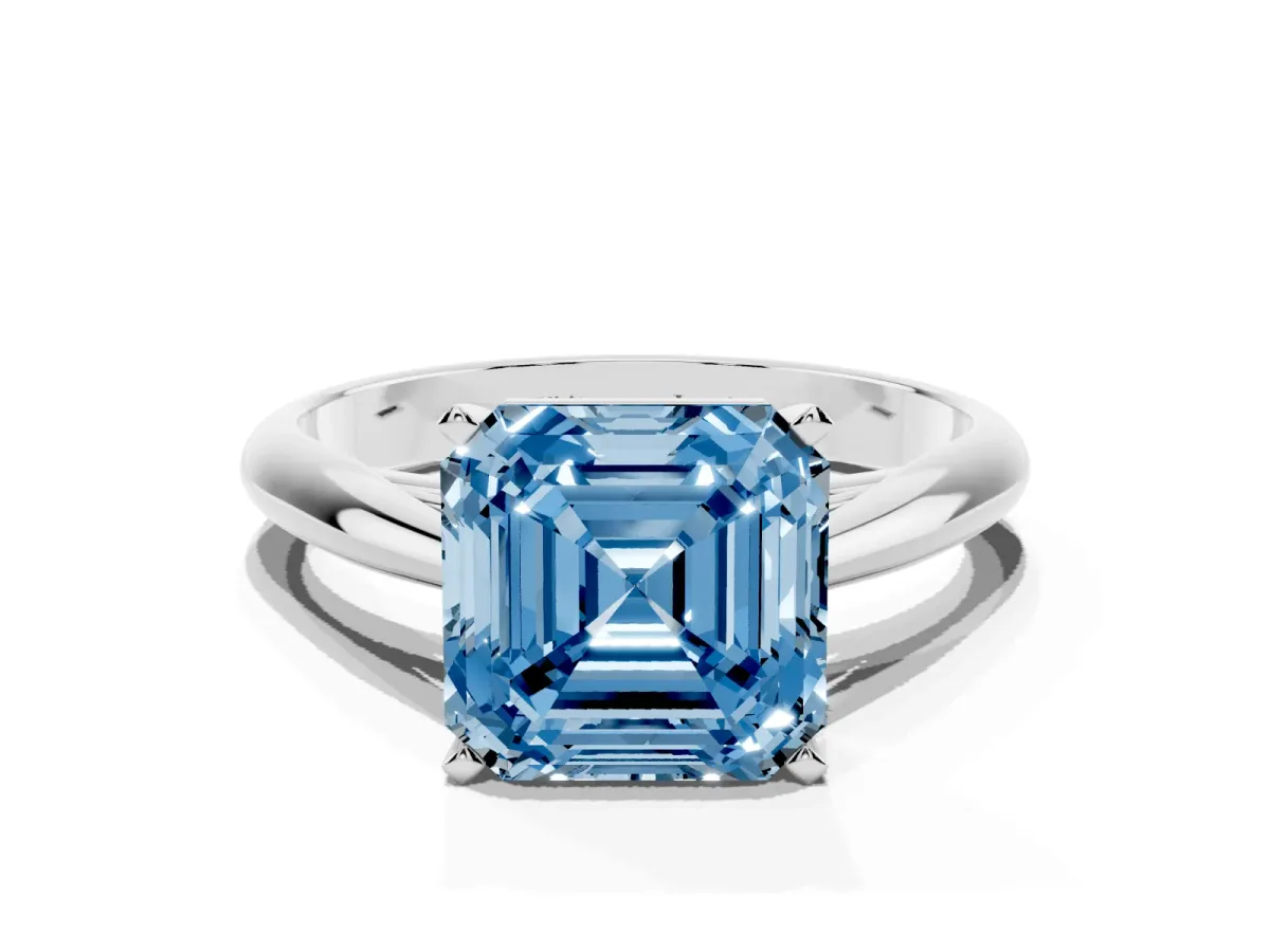 Fancy Blue Asscher Cut Diamond Solitaire Engagement Ring with Cathedral Setting and Four-Prong Mount Silver