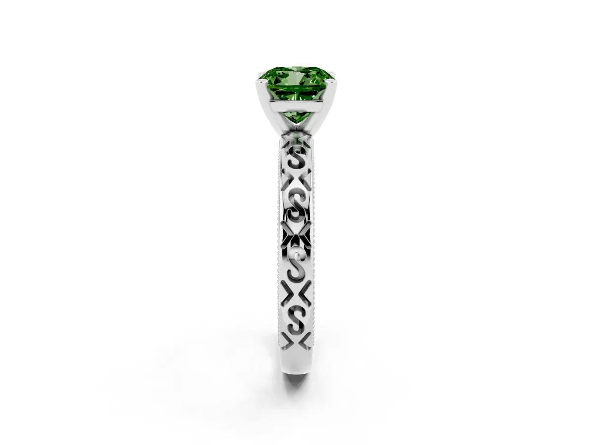 Fancy Green Cushion Cut Solitaire Engagement Ring with Scrollwork Band and Four-Prong Setting Platinum