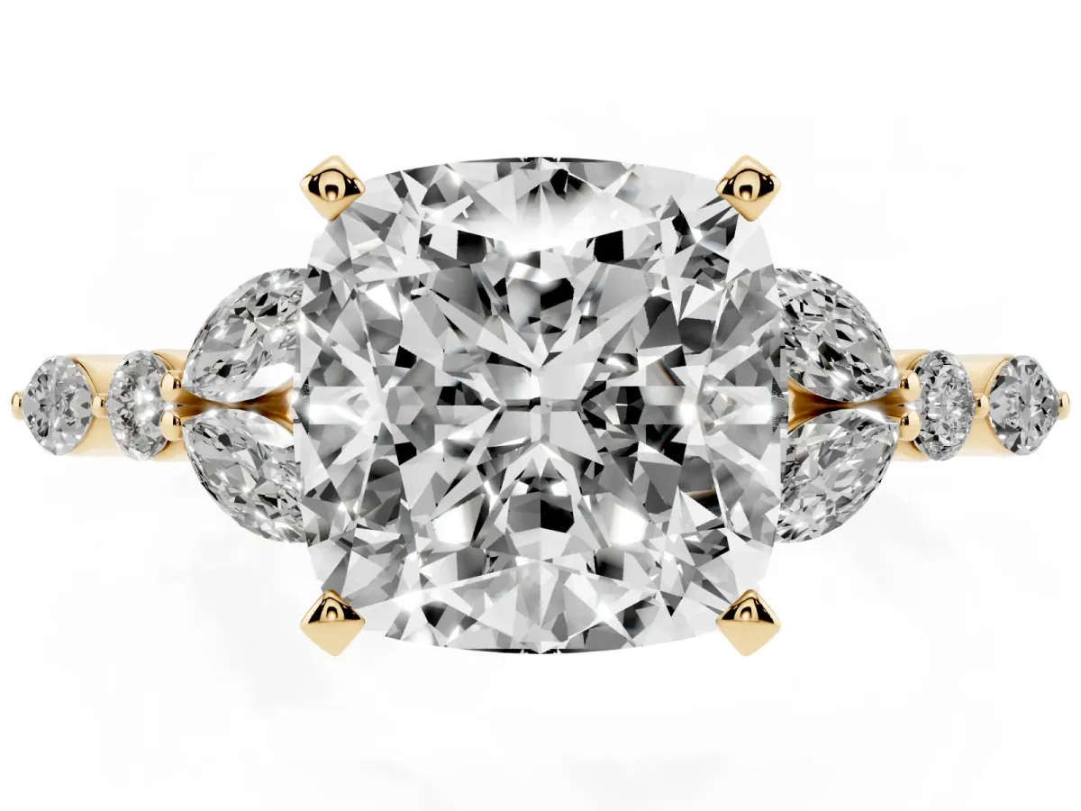 Cushion Cut Diamond Solitaire Ring with Side Stones and Four-Prong Setting Yellow gold