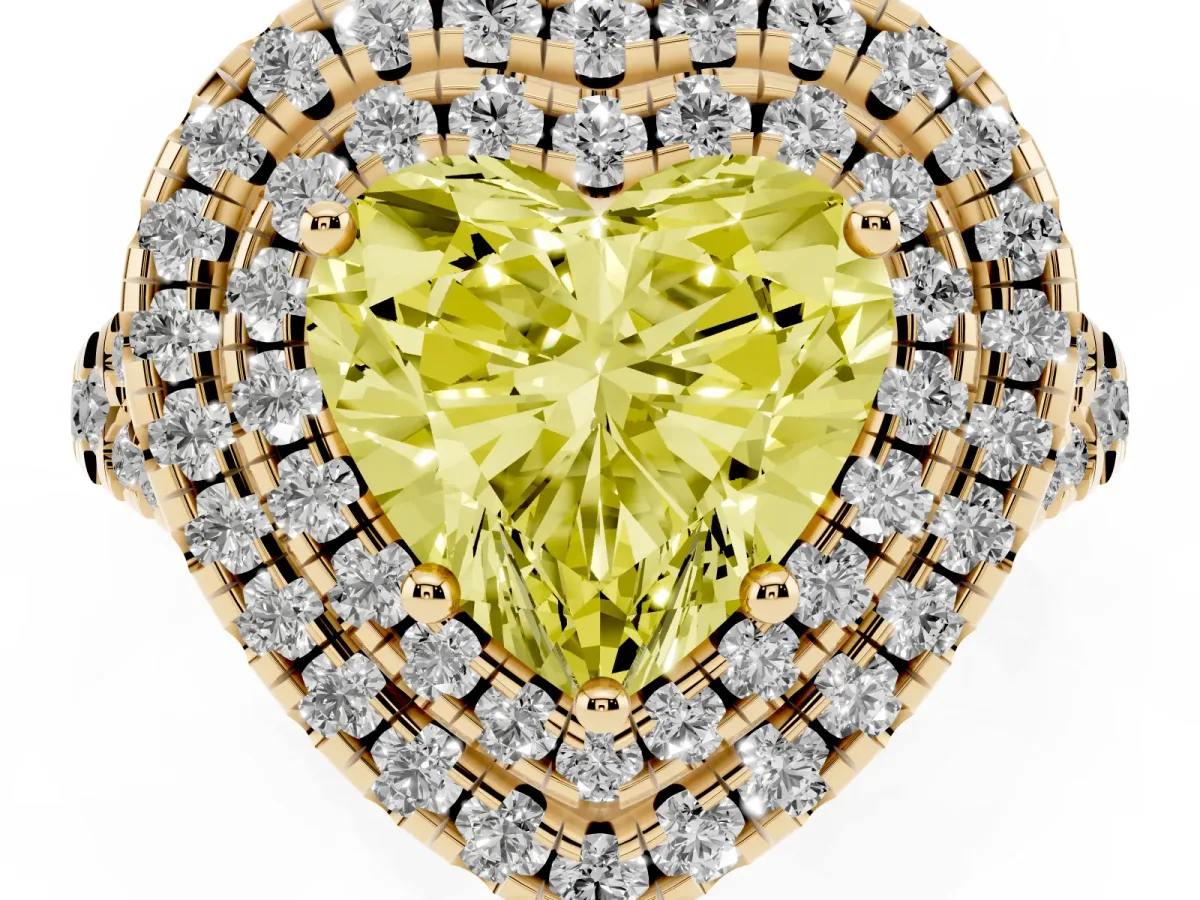 Fancy Yellow Double Halo Heart Cut Diamond Pavé Split Shank Ring with Prong Setting Yellow gold