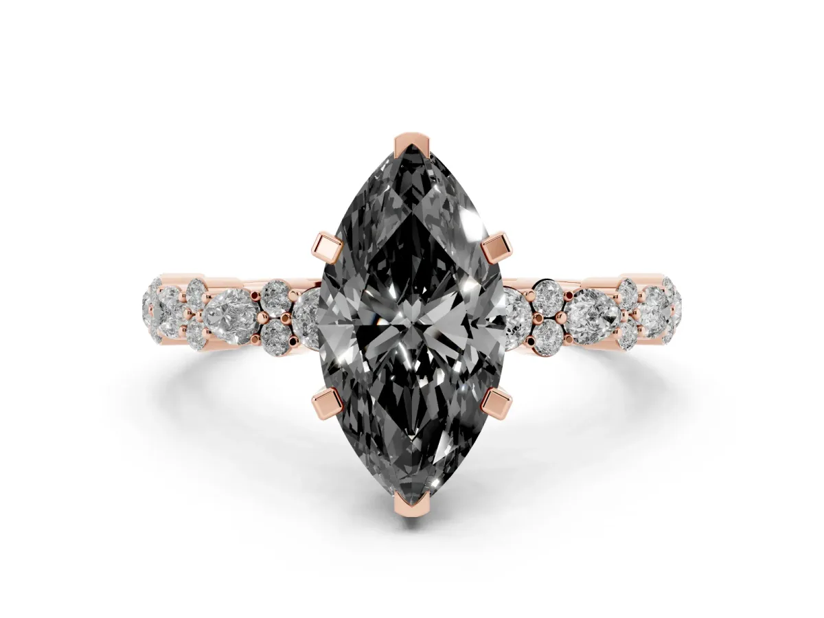Fancy Black Marquise Cut Diamond Side Stone Solitaire Ring with Round and Four-Prong Setting Rose gold