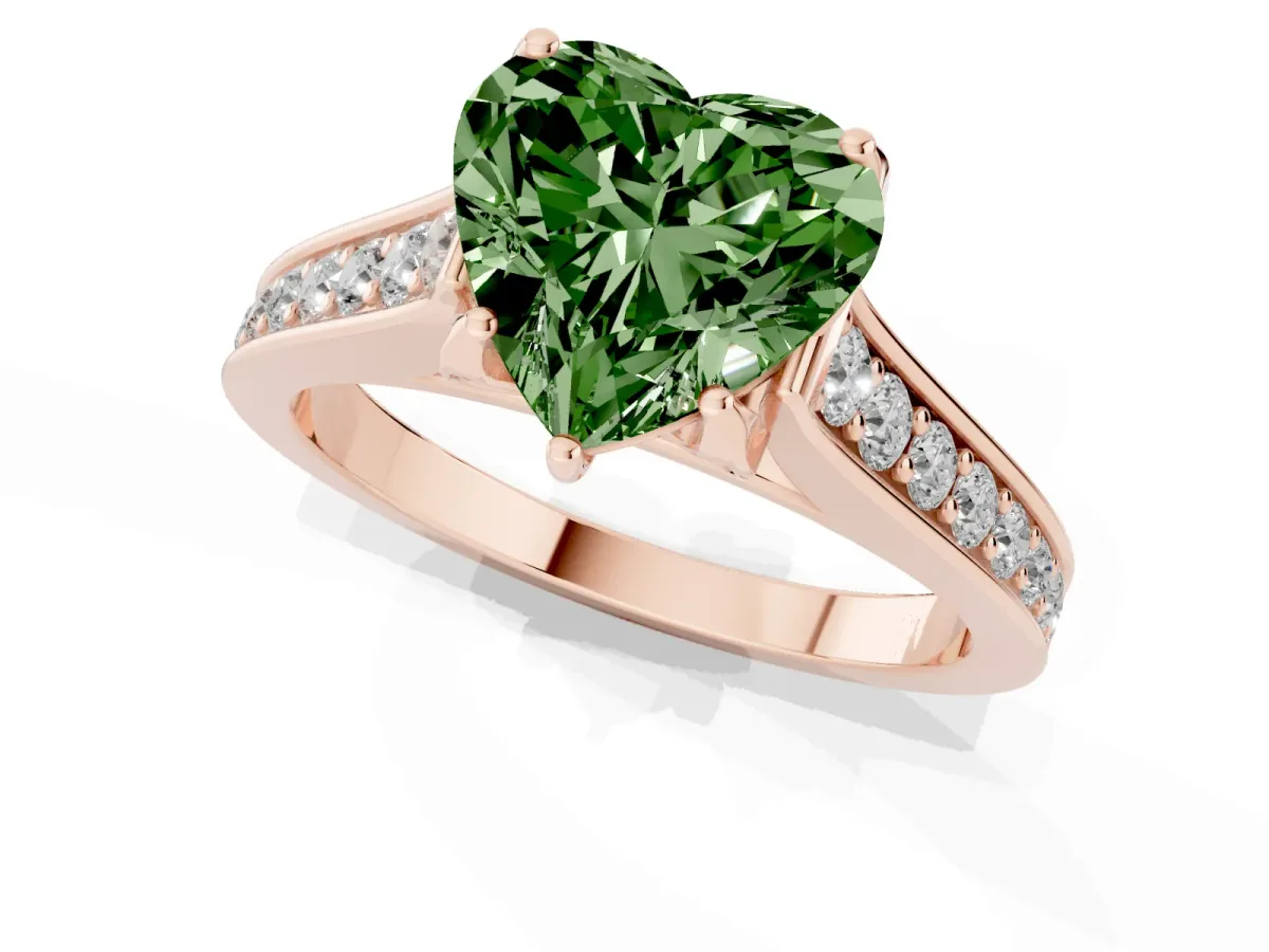 Fancy Green Heart Cut Brilliant Cut Diamond Engagement Ring with Pavé Band and Four-Prong Setting Rose gold