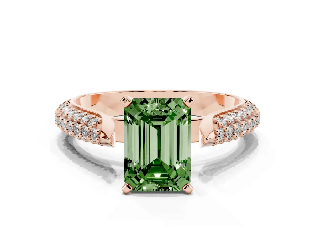 Fancy Green Emerald Cut Diamond Solitaire Engagement Ring with Multi-Row Round Pavé Band and Prong Setting Rose gold