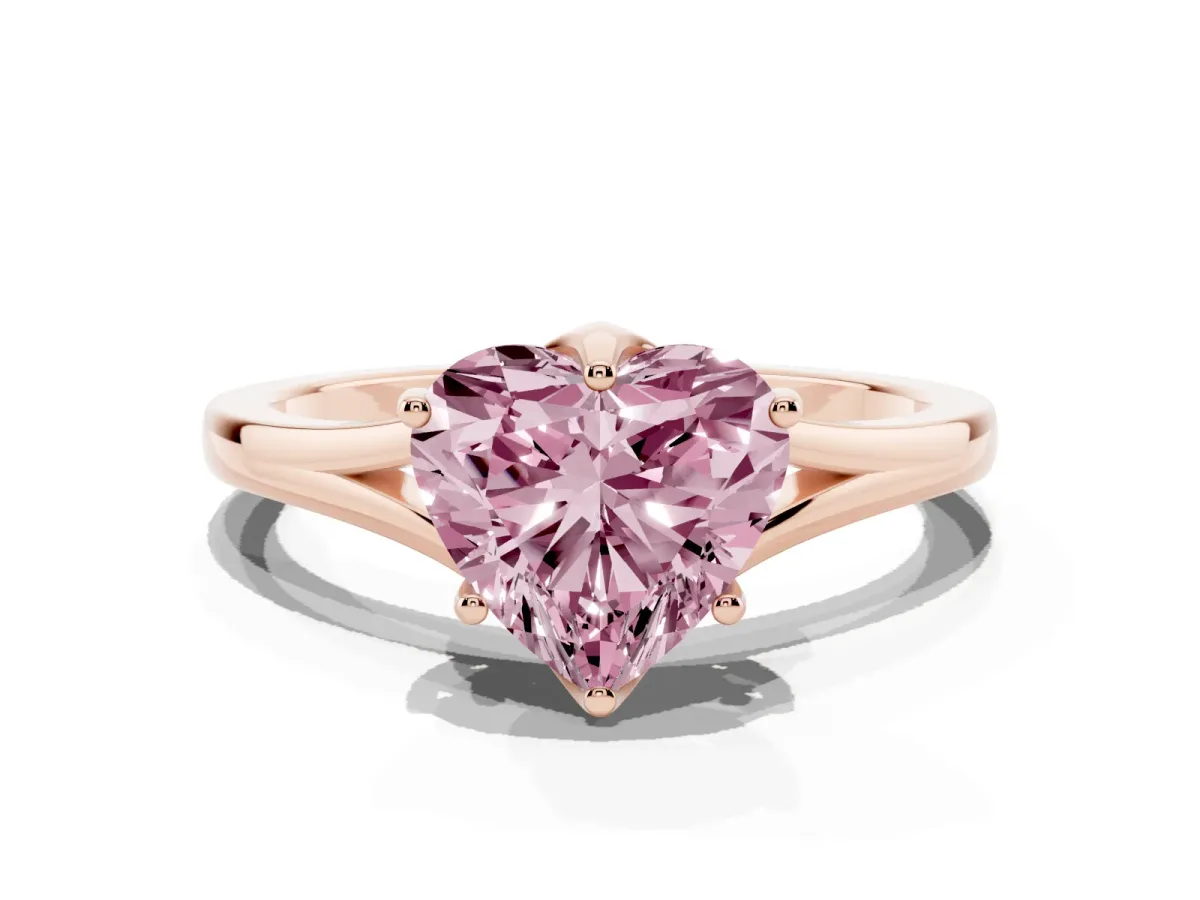 Fancy Pink Heart Cut Solitaire Diamond Ring with Six-Prong Setting and Tapered Band Rose gold