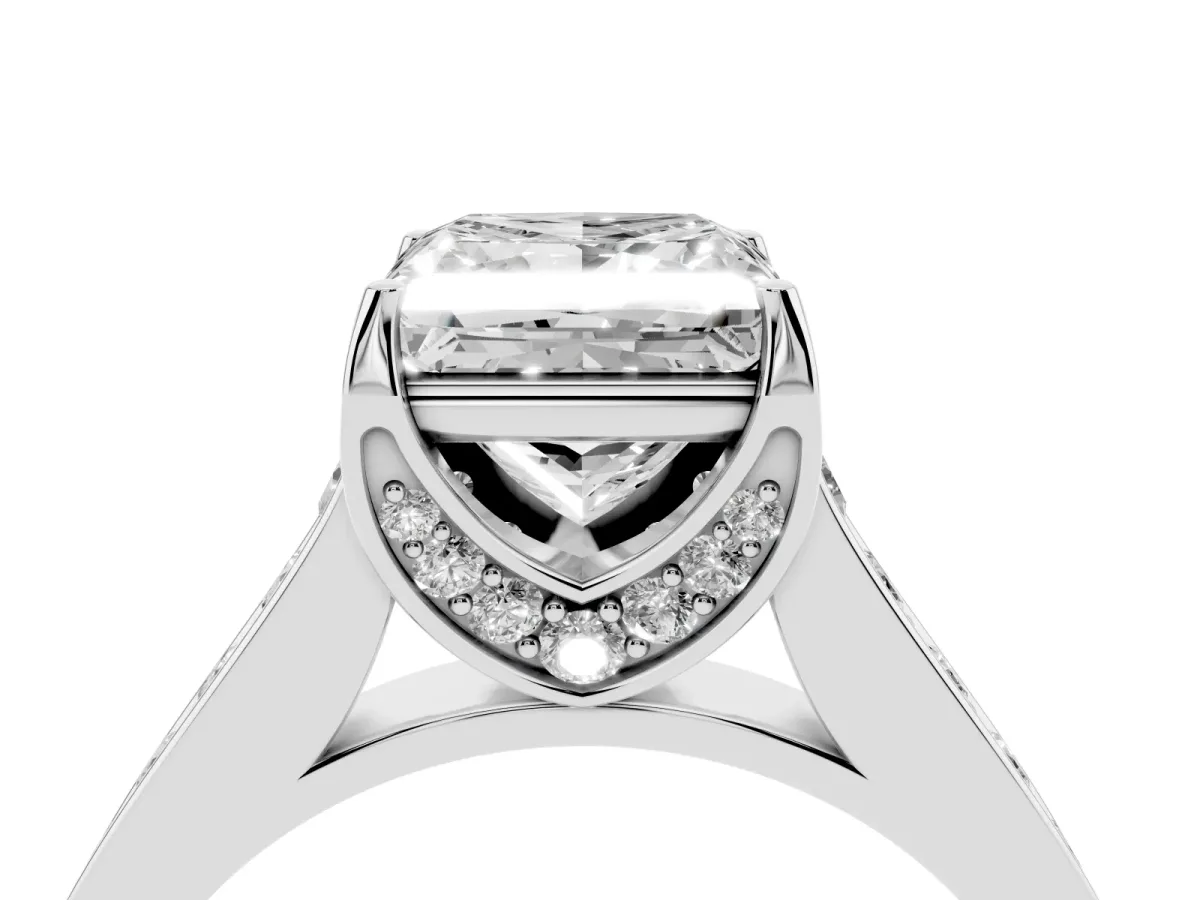 Princess Cut Brilliant Cut Diamond Engagement Ring with Pavé Band and Four-Prong Setting Platinum