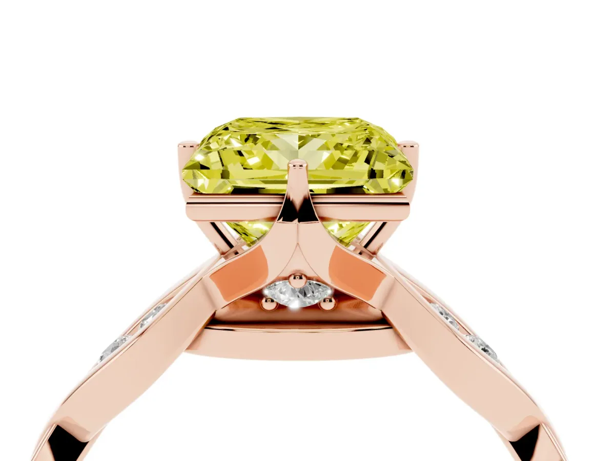 Fancy Yellow Princess Cut Solitaire Twist Band with Leaf Prong Setting Rose gold