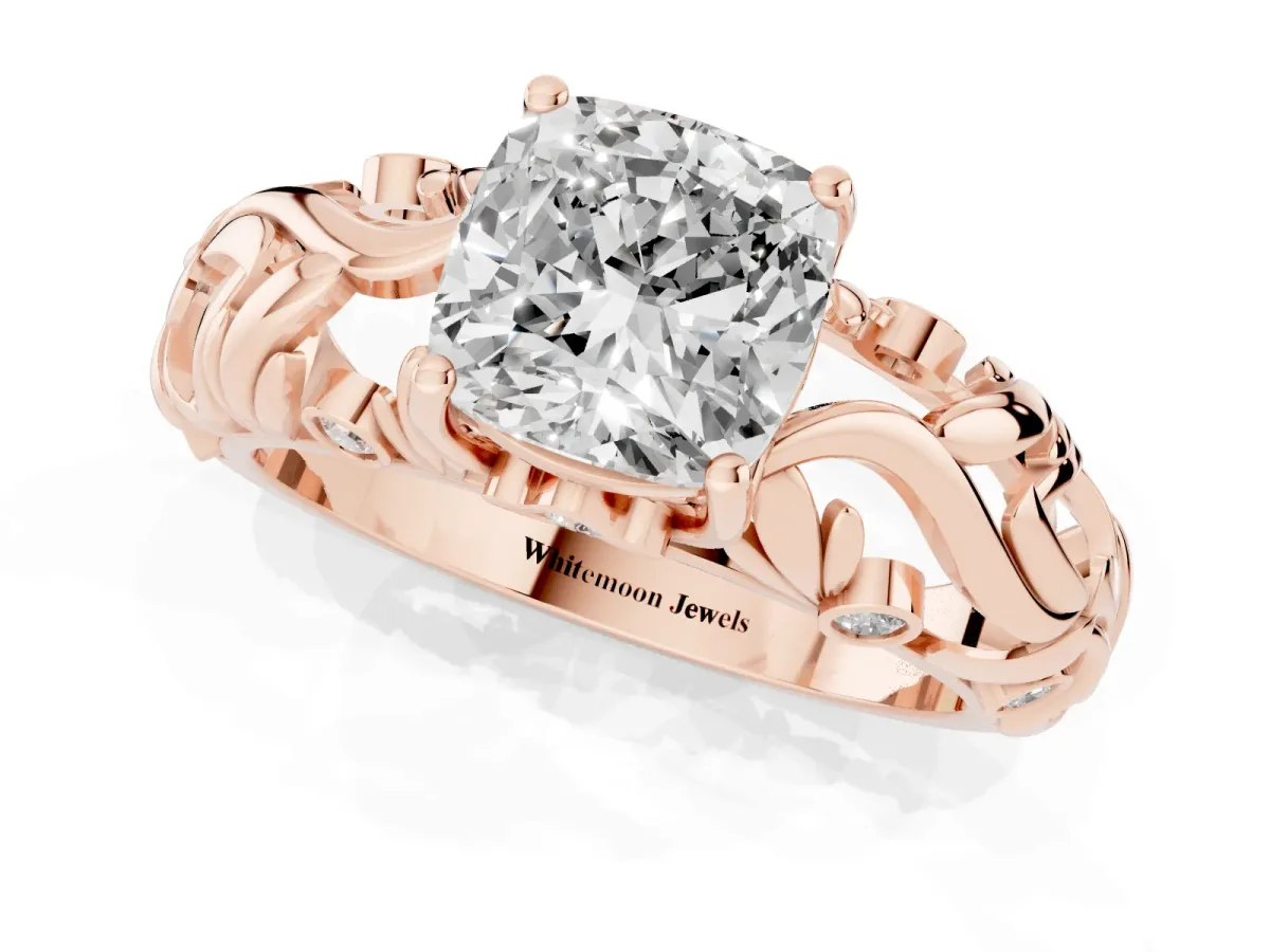 Cushion Cut Solitaire Diamond Leaf-Inspired Vine Band Ring with Prong Setting Rose gold