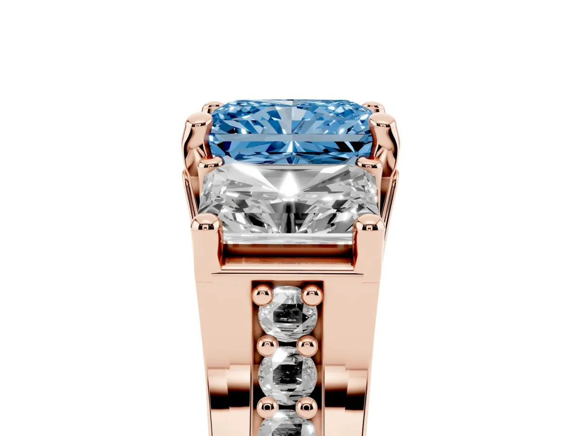 Fancy Blue Radiant Cut Diamond Three-Stone Ring with Channel Set Band and Four-Prong Setting Rose gold