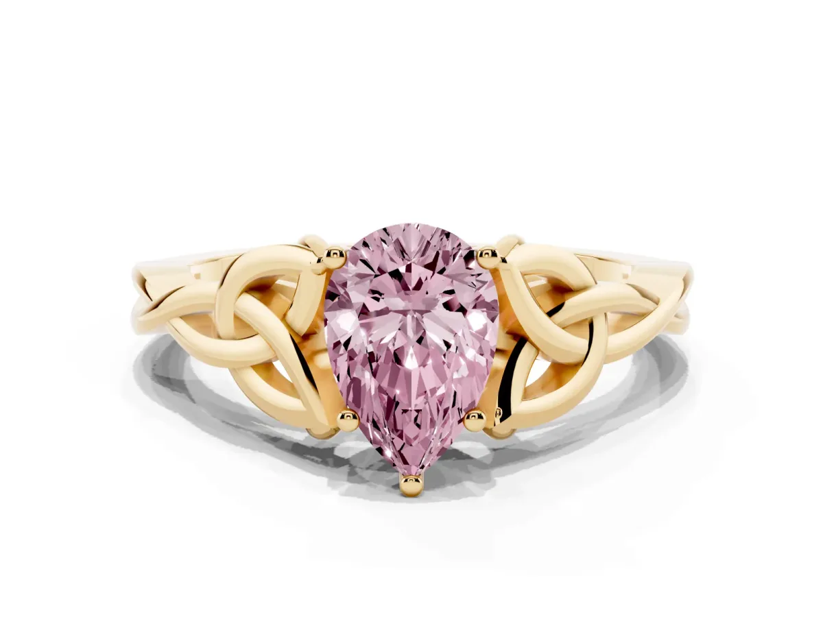 Fancy Pink Pear Cut Diamond Solitaire Engagement Ring with Celtic Knot Band and Four-Prong Setting Yellow gold