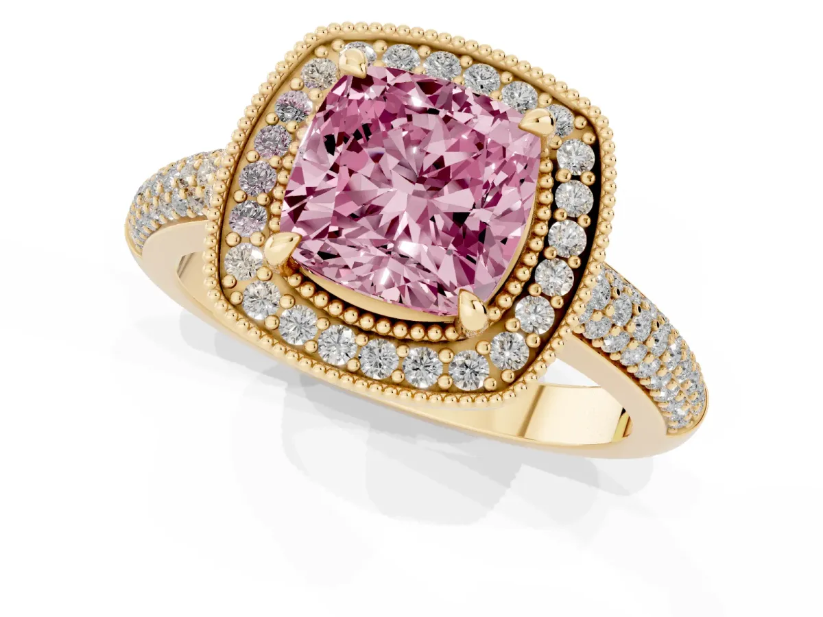Fancy Pink Cushion Cut Cut Halo Diamond Pave Band with Four-Prong Setting Yellow gold