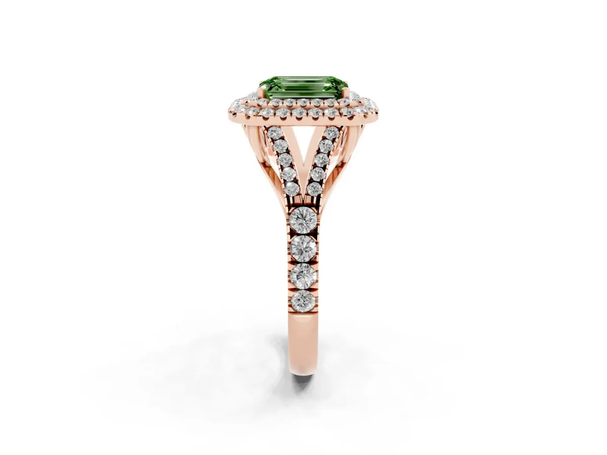 Fancy Green Emerald Cut Diamond Pavé Split Shank Double Halo Engagement Ring Rose gold