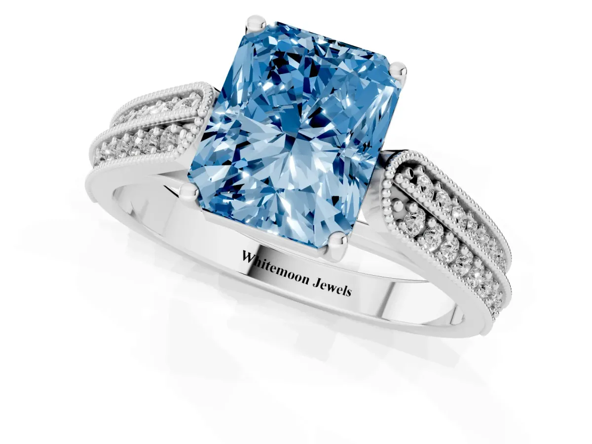 Fancy Blue Radiant Cut Cut Pave Split Shank Engagement Ring with Four-Prong Setting White gold