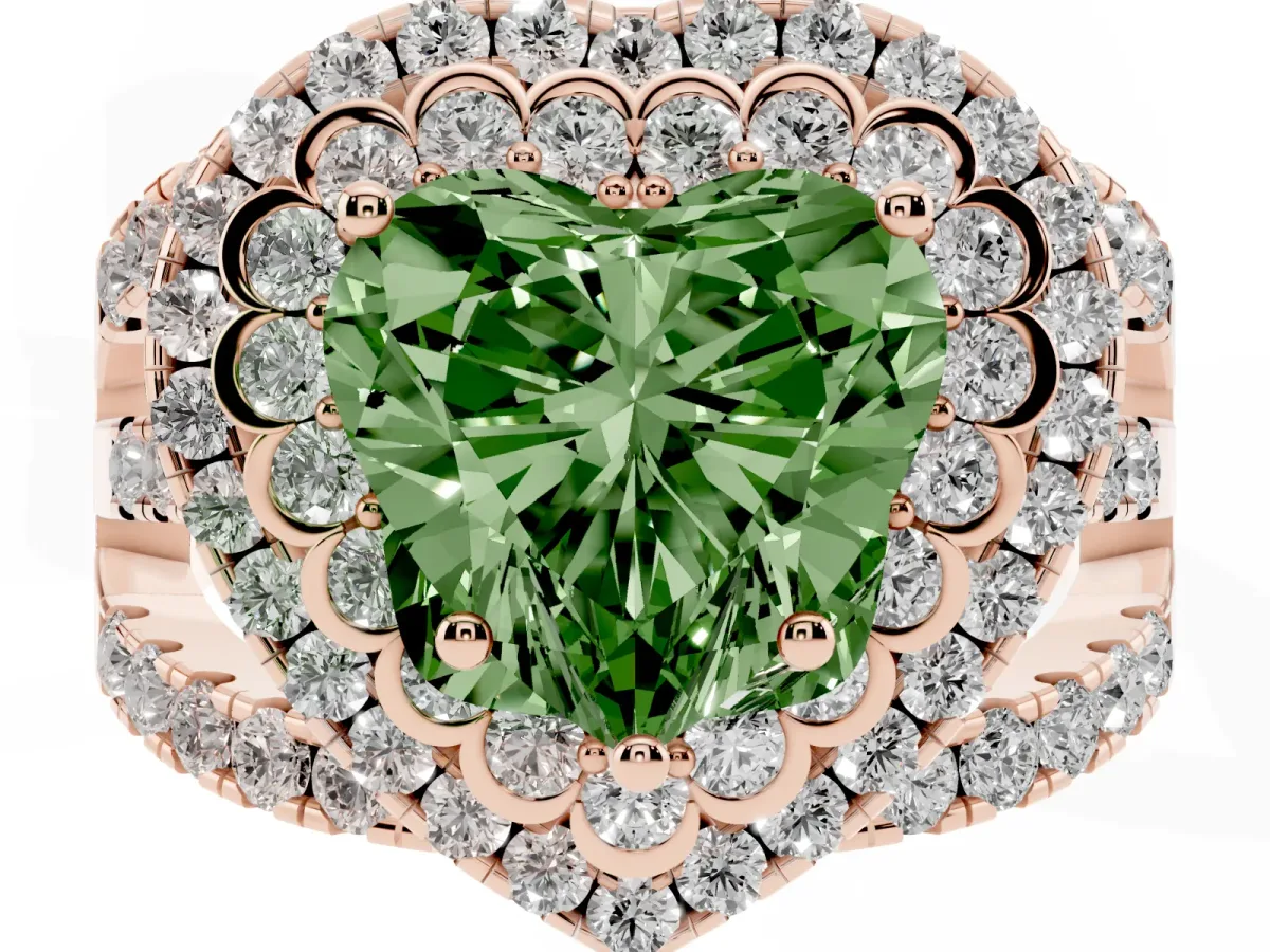 Fancy Green Heart Cut Diamond Double Halo Ring with Round Pavé Split Shank and Prong Setting Rose gold
