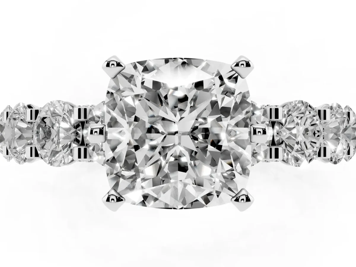 Cushion Cut Diamond Side Stone Engagement Ring with Four-Prong Setting White gold