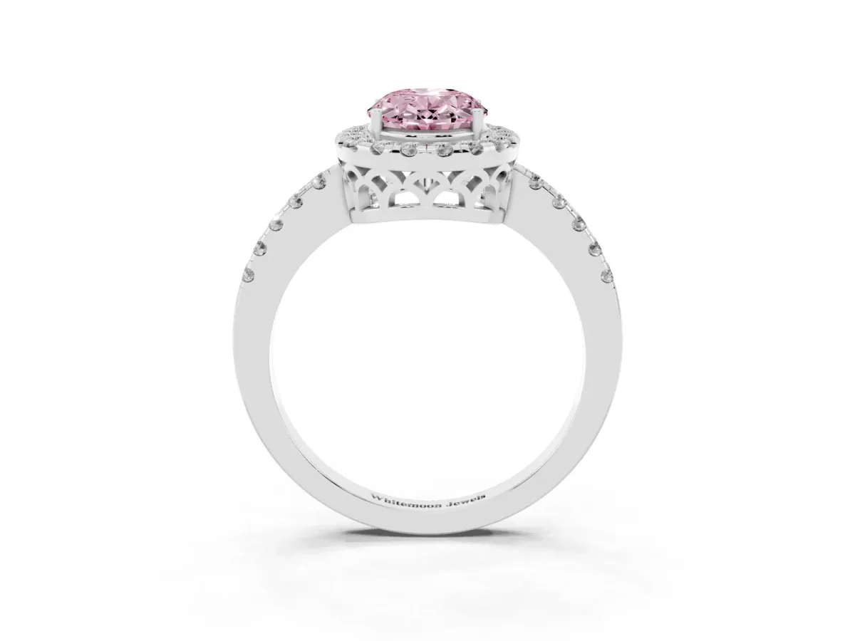 Fancy Pink Oval Cut Halo Diamond Engagement Ring with Pavé Band and Four-Prong Setting Platinum