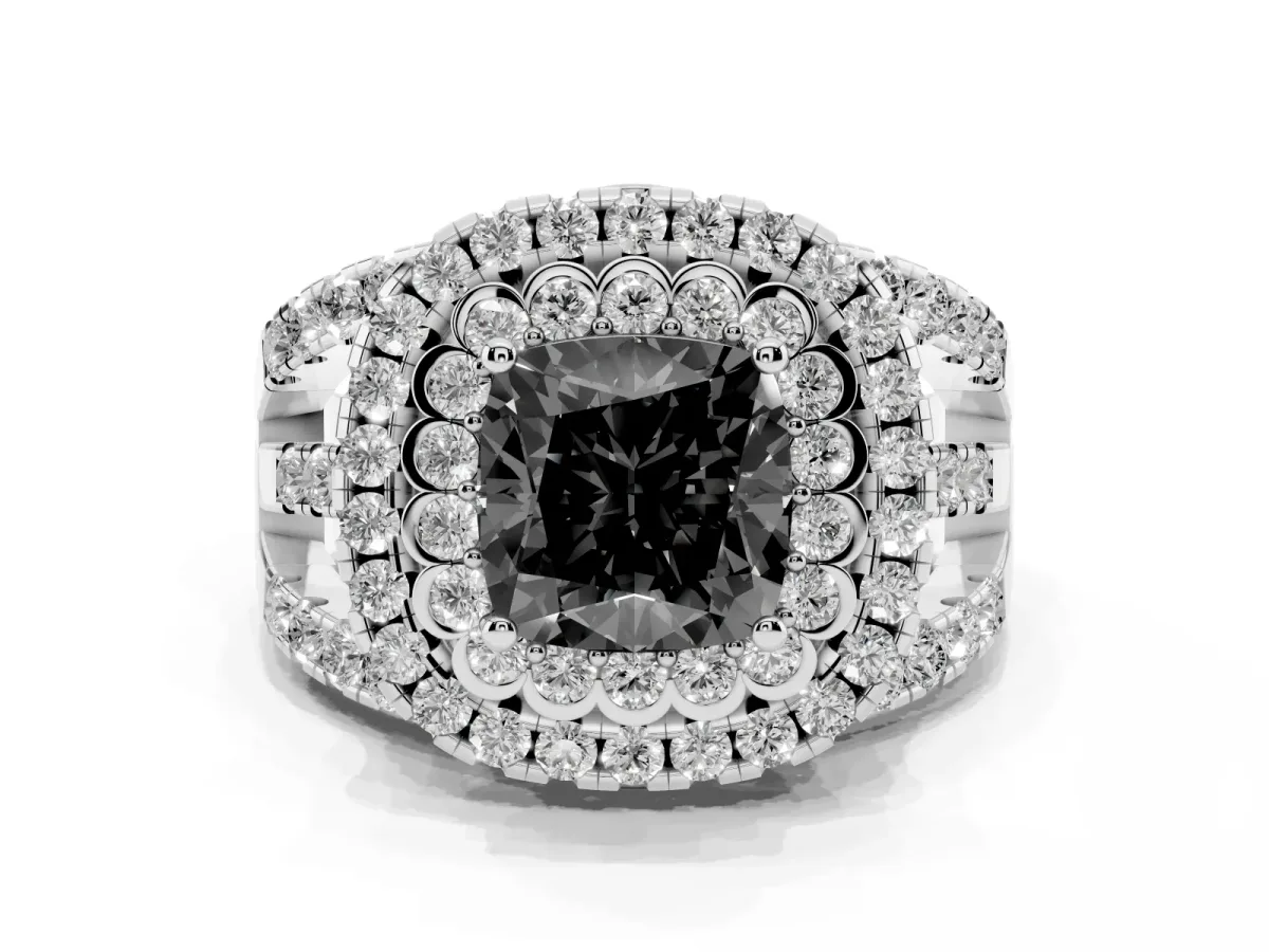 Fancy Black Cushion Cut Diamond Double Halo Ring with Round Pavé Split Shank and Prong Setting Silver