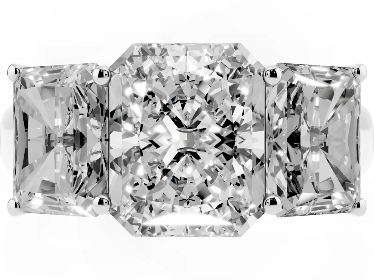 Radiant Cut Three-Stone Diamond Ring with Prong Setting on a Classic Band Silver